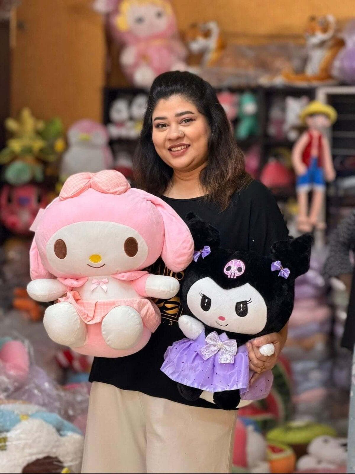 Cute Plush Doll Set Pink & Black